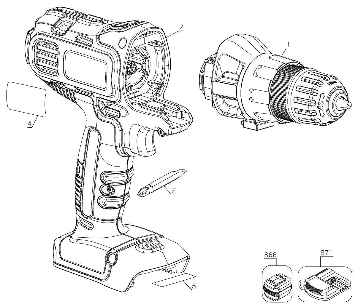 Default Diagram and Parts List for BDCDMT120C Type 1 Black and Decker Electric Drill